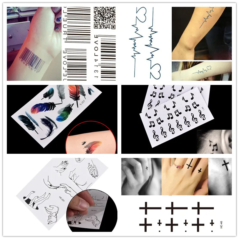 1pc Waterproof Tattoo Sticker Body Art Water Transfer Feather Music Note Cross Barcode Temporary Tattoo Sticker