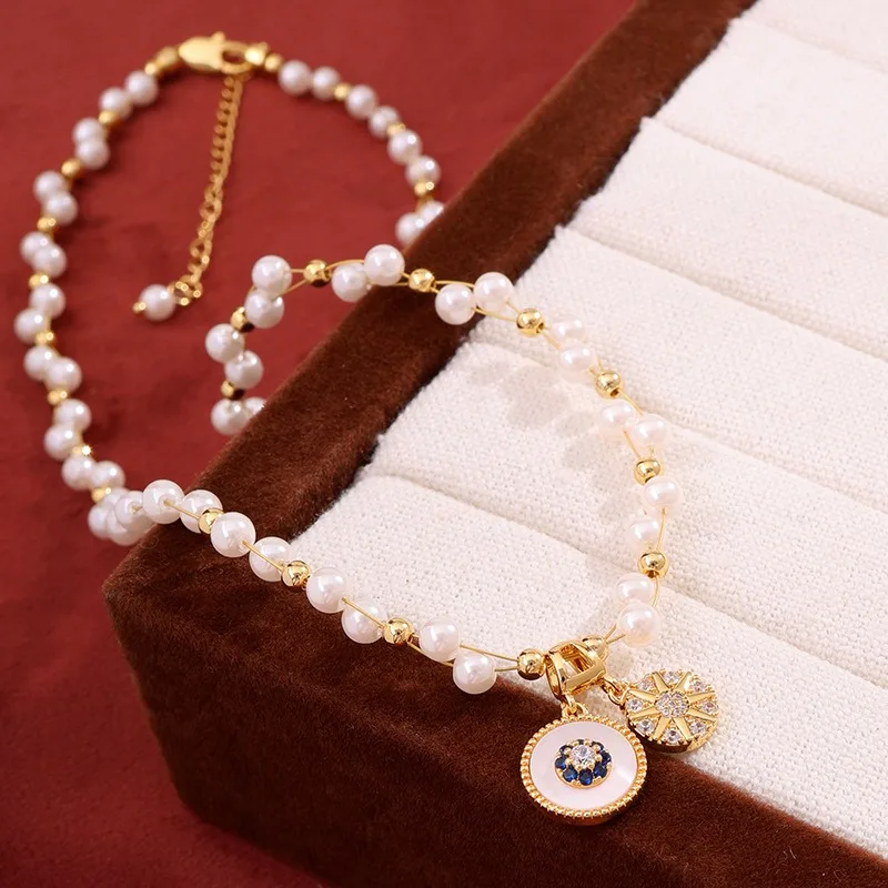 

Gentle double-layer pearl octagonal star necklace mother-of-pearl iridescent retro disc pendant exquisite daily clavicle chain