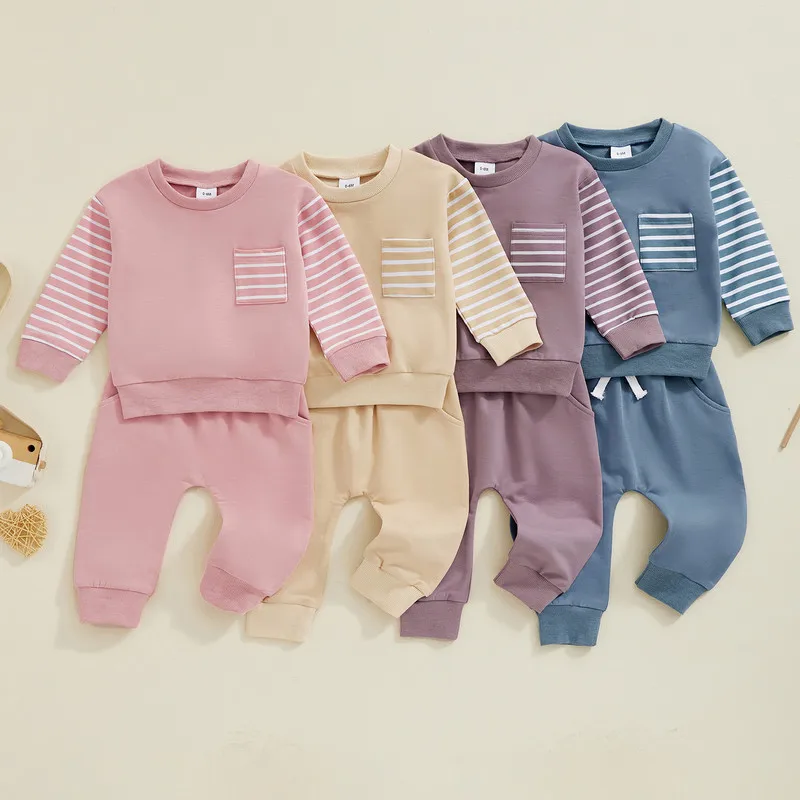 

RUEWEY Newborn Baby Boy Girl Pant Sets Spring Autumn Clothes Striped Long Sleeve Sweatshirt Elastic Waist Pants with Pockets