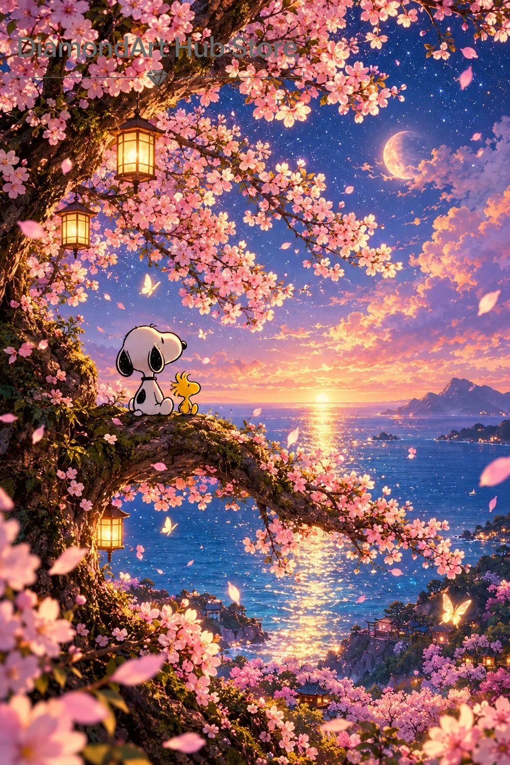 Snoopy 5D Full Round Drill Diamond Painting Kit, Cherry Blossom Sea View Cartoon DIY Mosaic Wall Decor
