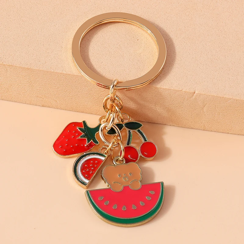 Cartoon-Bären-Schlüsselanhänger, Emaille-Frucht-Wassermelonen-Erdbeer-Schlüsselringe für Damen und Herren, Auto-Schlüsselanhänger, Handtaschen-Anhänger, Schlüsselketten, DIY-Geschenke – Detail 4