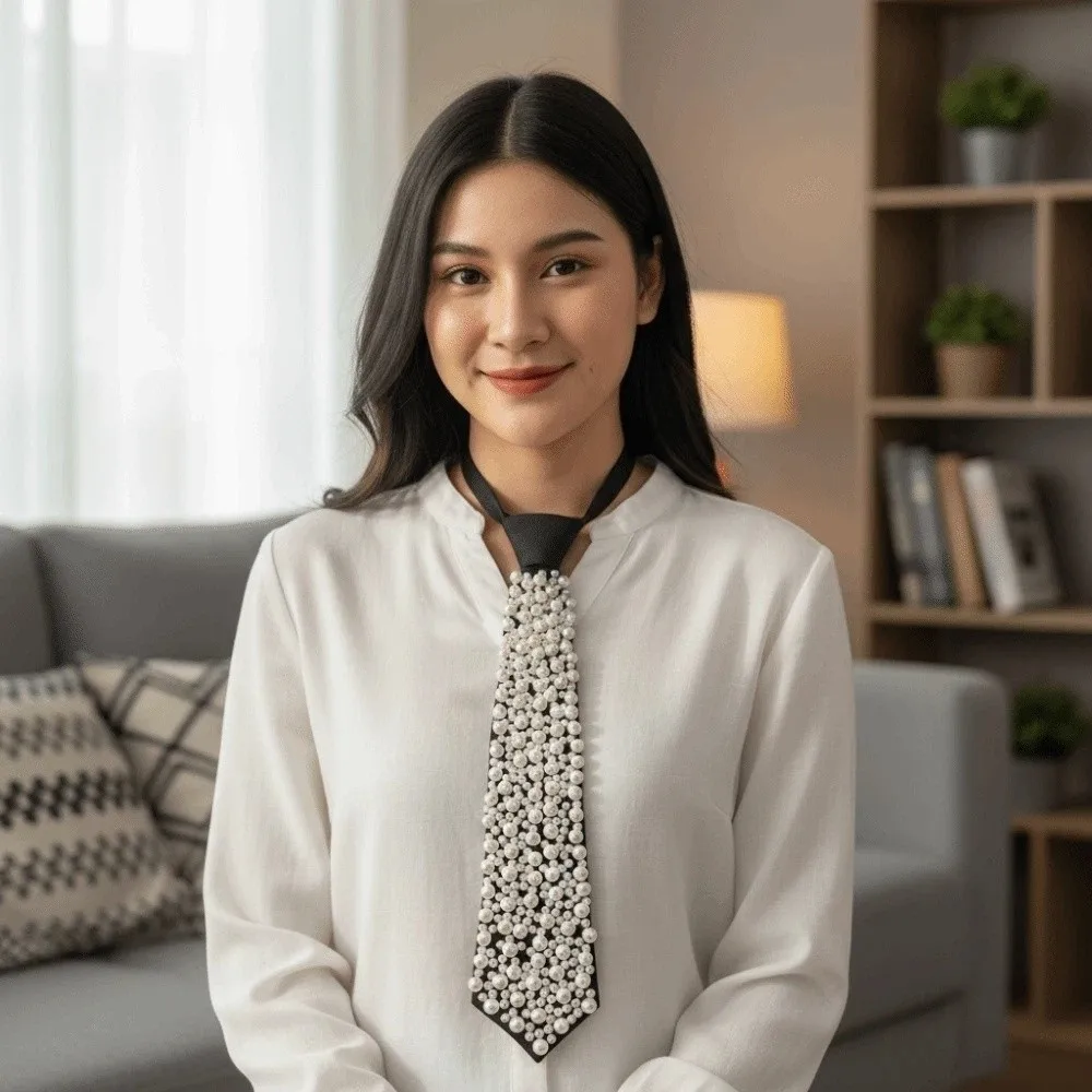 

Korean Style Full Pearls Tie Choker Black Hand-beaded Long Necktie Necklace Academic Style Decoration Shirt Tie Men