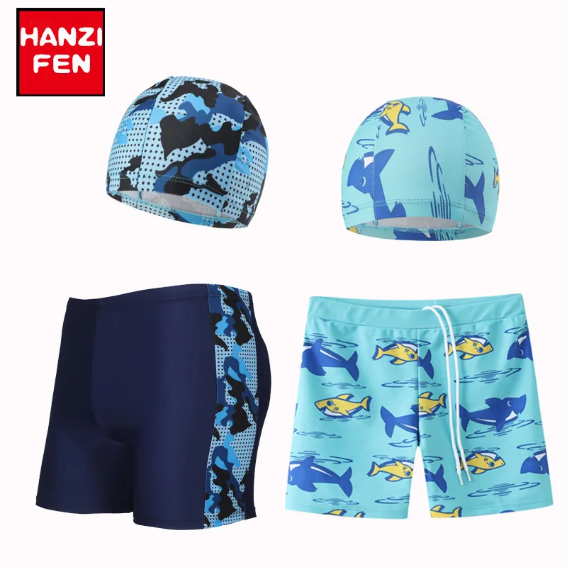 Conjunto de sunga e touca de natação para meninos: sunga estilo boxer com estampa de desenho animado para meninos - roupa de banho infantil