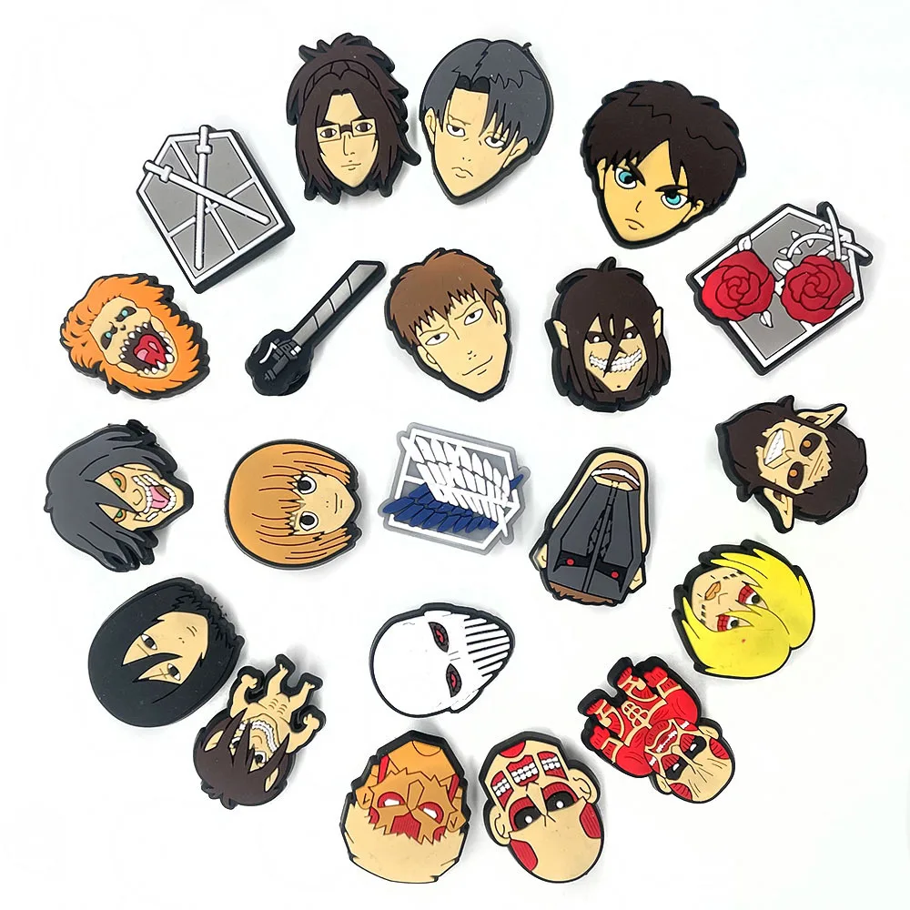 21Pcs/Set  Attack on Titan Shoe Charms for Clogs Bubble Slides Sandals PVC Shoe Decorations Buckle Accessories for Kids Gift
