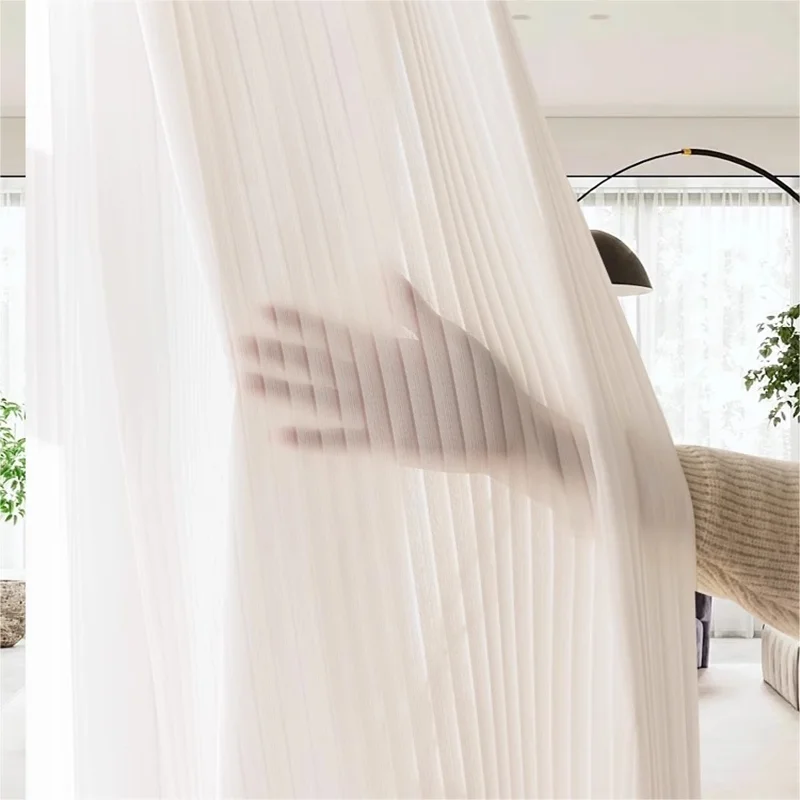 1PC Japanese Simple White Striped Tulle Window Chiffon Sheer Curtains for Living Room Bedroom Dining Luxury Decor Drapes 창문커텐