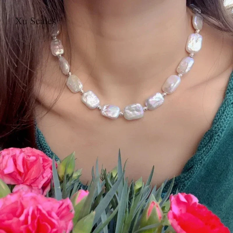 Natural Fresh Water Irregular Baroque Bright White Square Pearl Necklace Women\'s Vintage Jewelry Collar Neckchain Exquisite Gift