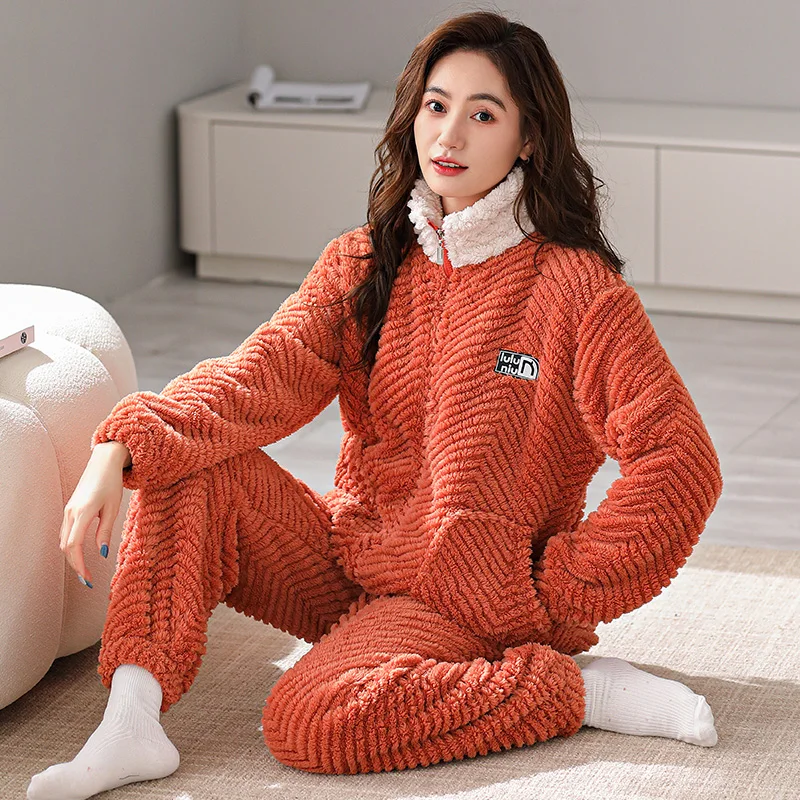 Winter Warm Women Flannel Pyjamas Sets Sleepwear Long Sleeve Casual Pajama Set Nightwear