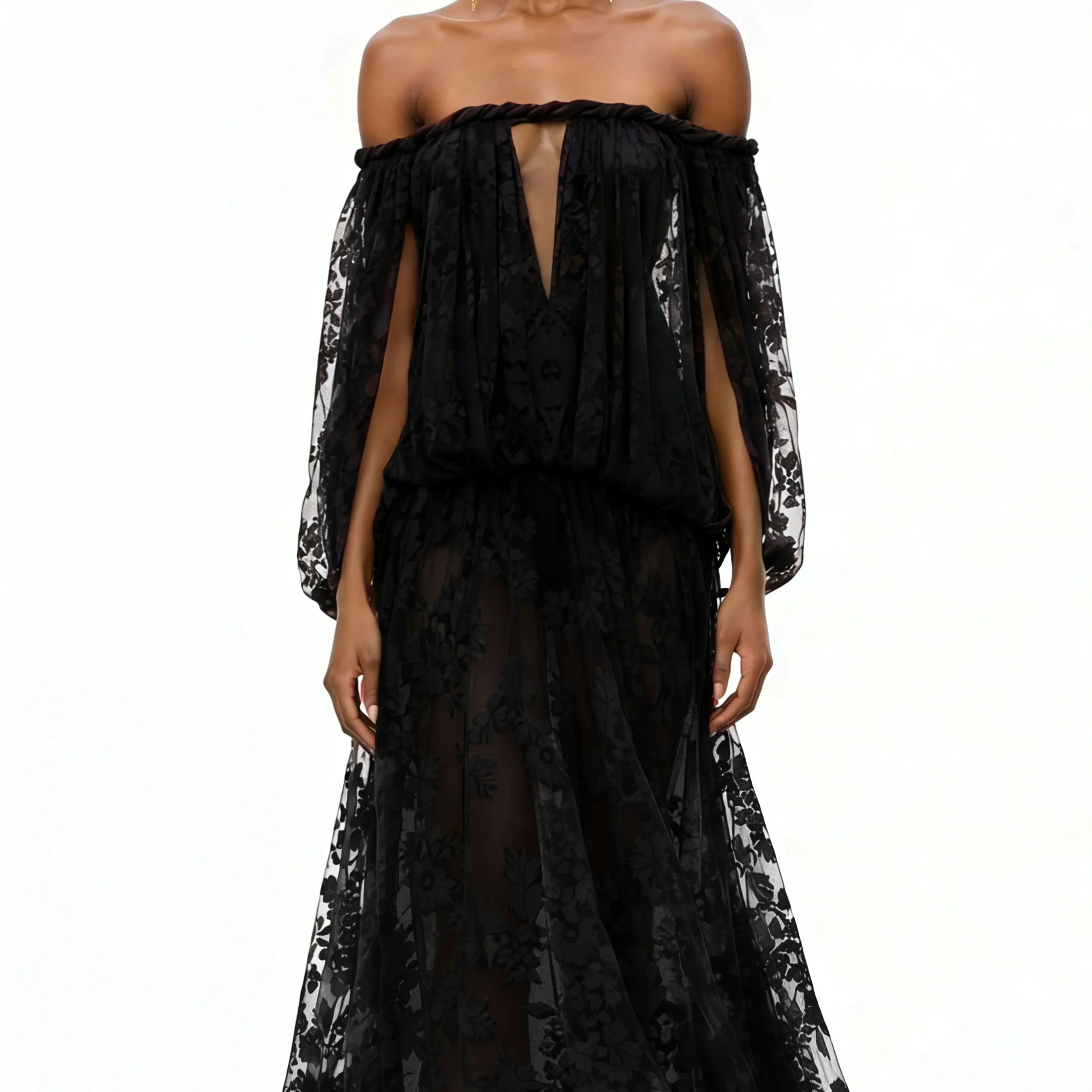 Elegant Luxury Off Shoulder Lace Maxi Dress, Black Sheer Cutout Long Sleeve Gown, Socialite Party Evening Dress For Women