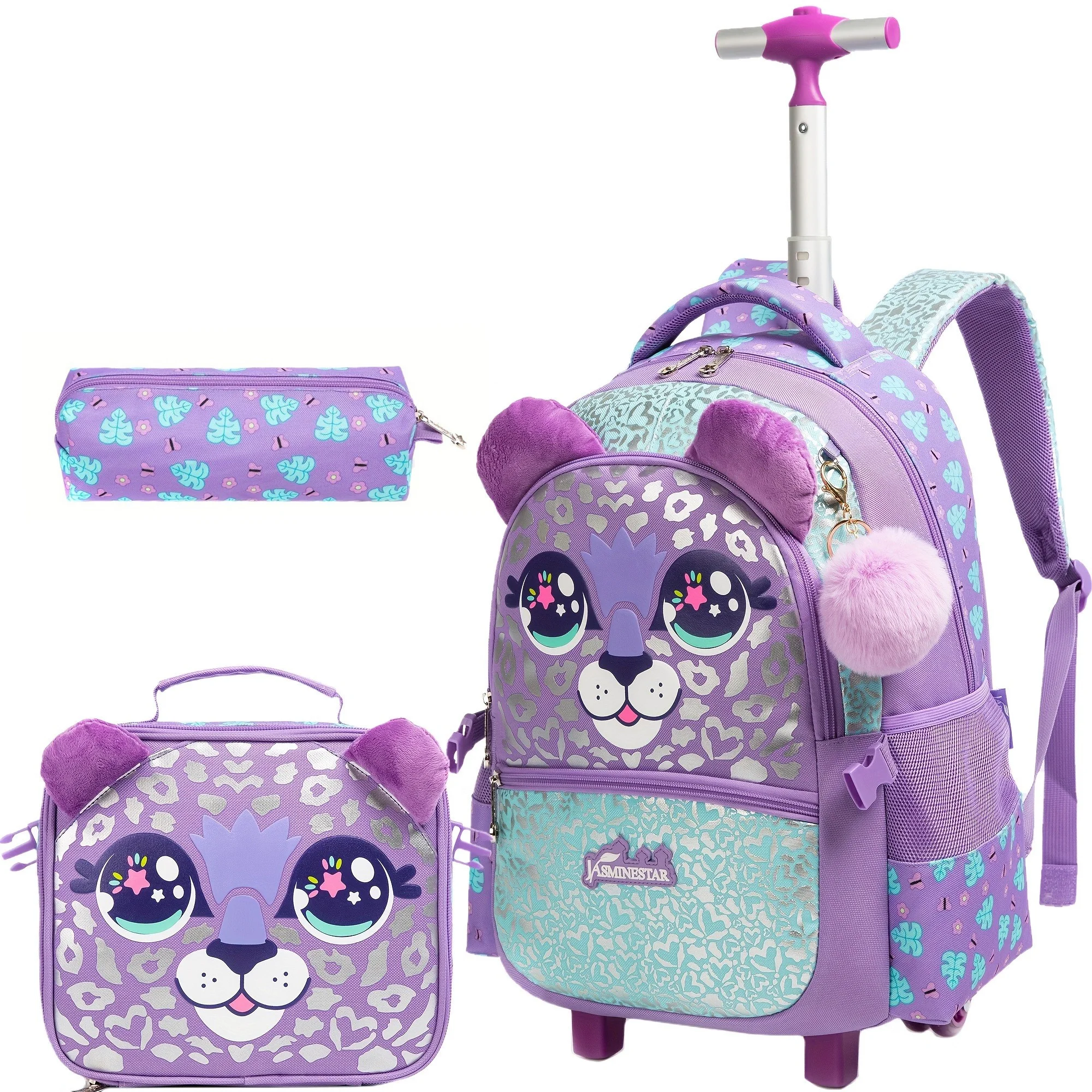 

3PCS Kids Rolling Backpack for Girl Travel Luggage with Wheels School Bag Set with Lunchbag Elementary Student Carry on Suitcase