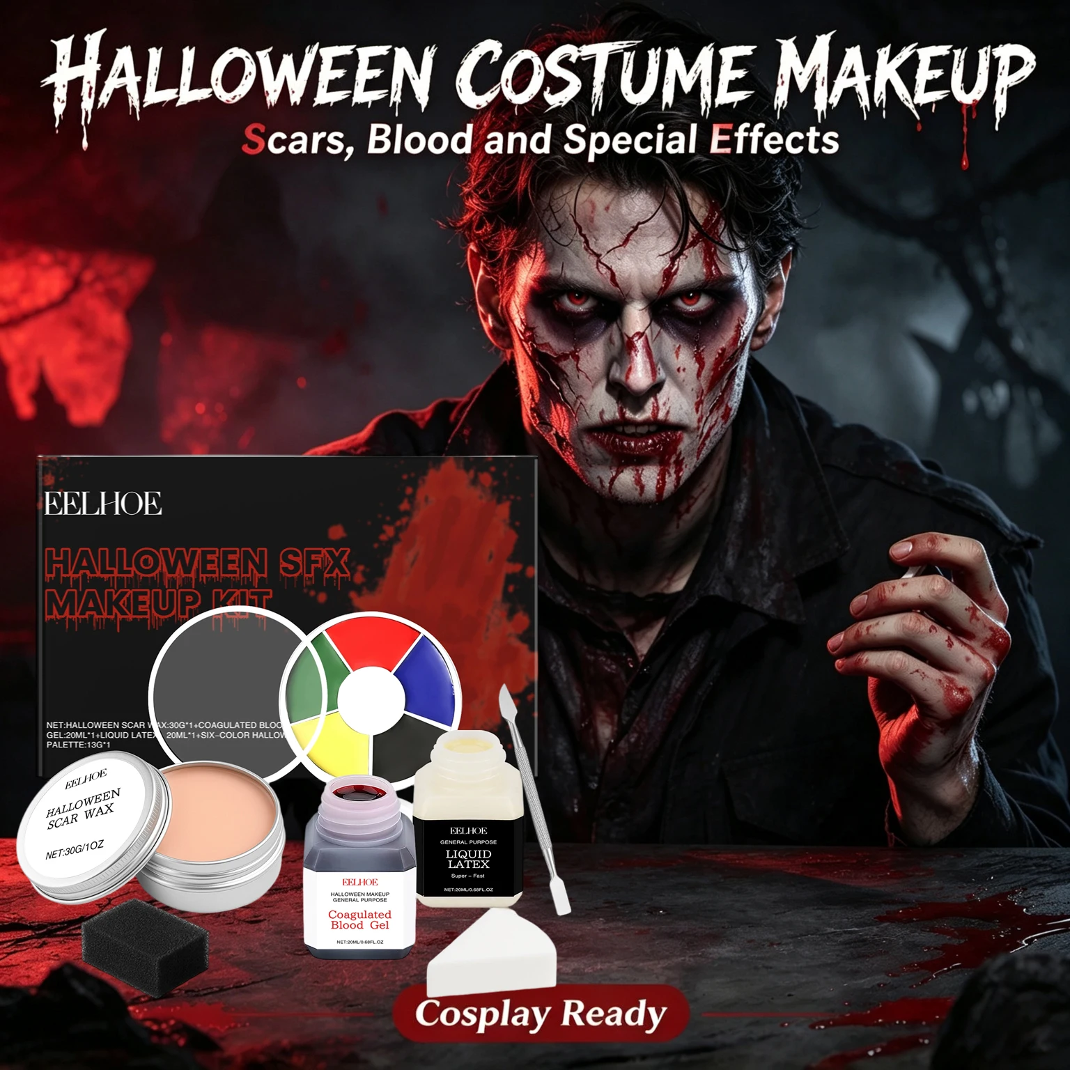 All-in-One Halloween SFX Makeup Kit with Scar Wax Coagulated Blood Gel Liquid Latex Pro 3D Fake Wound Special Effects Makeup Set