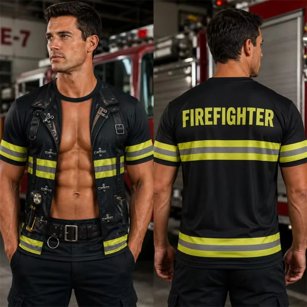 Firefighter Uniform with Funny Fake Abdominal Muscles Pattern 3D Print Men's Large-size -shirt Casual Party Role-playing T-shirt