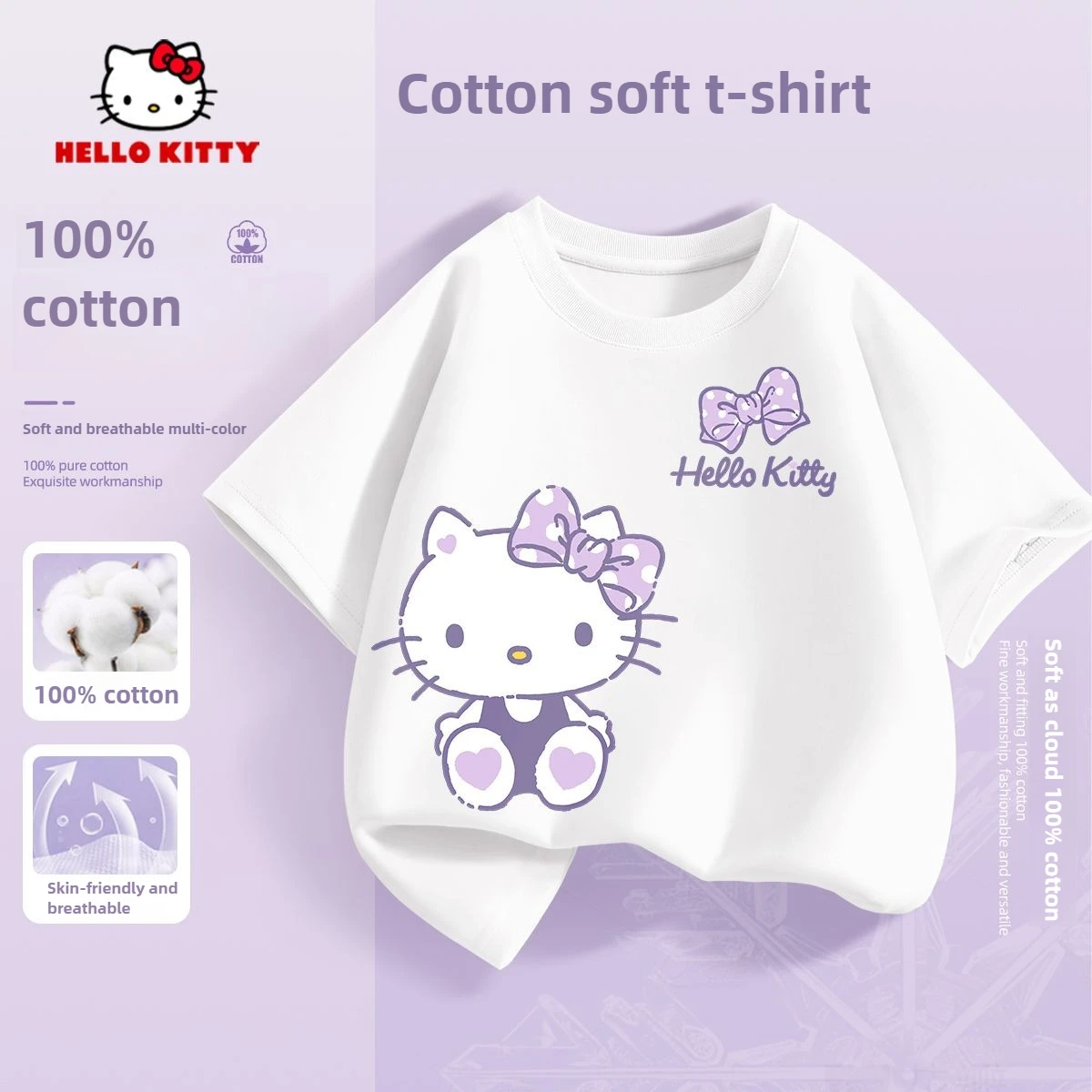 Sanrio-ropa de algodón 100% para niñas pequeñas, camisetas con estampado de Hello Kitty, trajes superiores de manga corta de dibujos animados