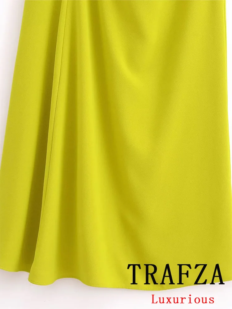 TRAFZA Vintage Casual Chic Women Dress Yellow Solid O-Neck Zipper Sleeveless Straight Vestidos Fashion 2024 Spring Summer Dress