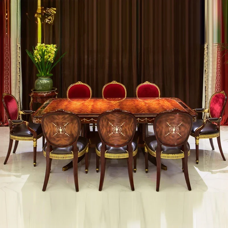 

Classical dining room solid wood European style retro carved rectangular dining table chair combination furniture