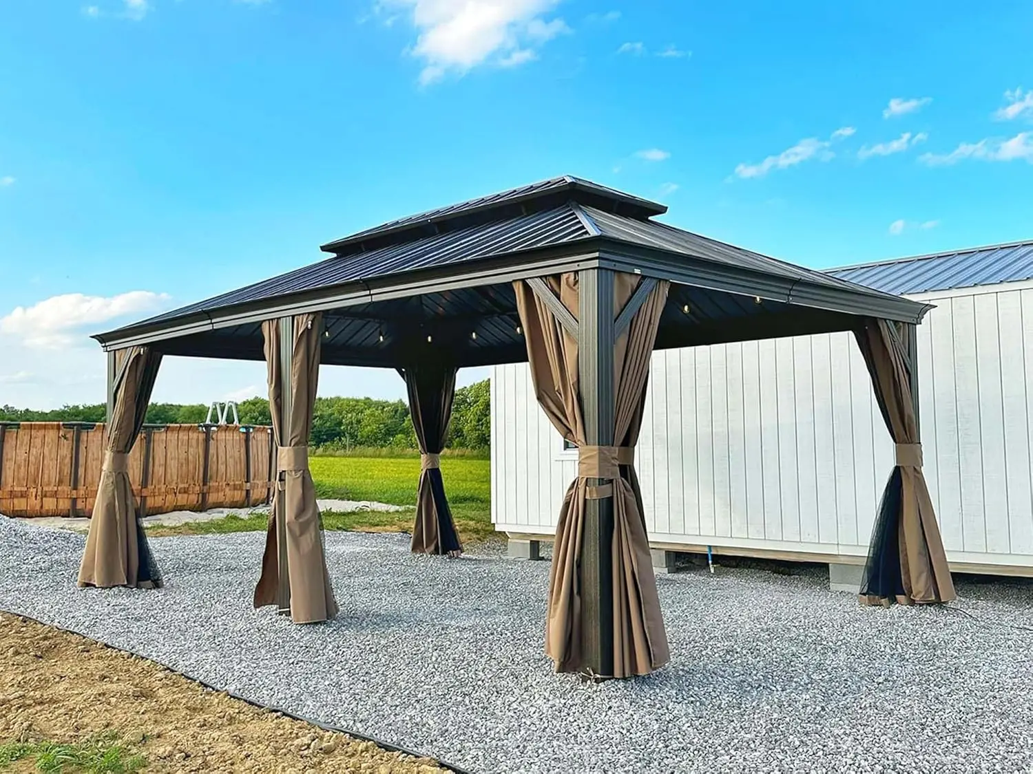 12' x 20' Hardtop Gazebo Outdoor Aluminum Gazebos with Galvanized Steel Double Canopy for Patios Deck Backyard with Curtains