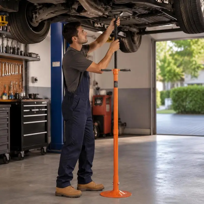 Support de levage (base ronde) 750 kg, support de levage pour camion (hauteur de levage 134-193 cm) avec poignée rotative à roulement, vis filetée autobloquante et deux roues, orange