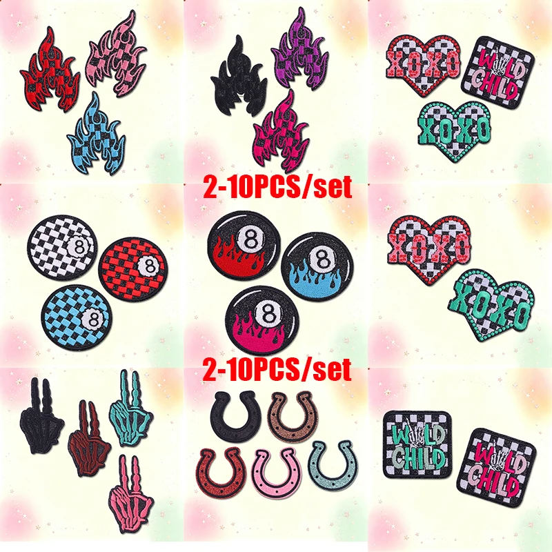 2-10PCS/set Billiards Black Eight Embroidered Patches Chessboard Flame/Love Heart XOXO Patch Iron On Patches DIY Bow Tie Patch