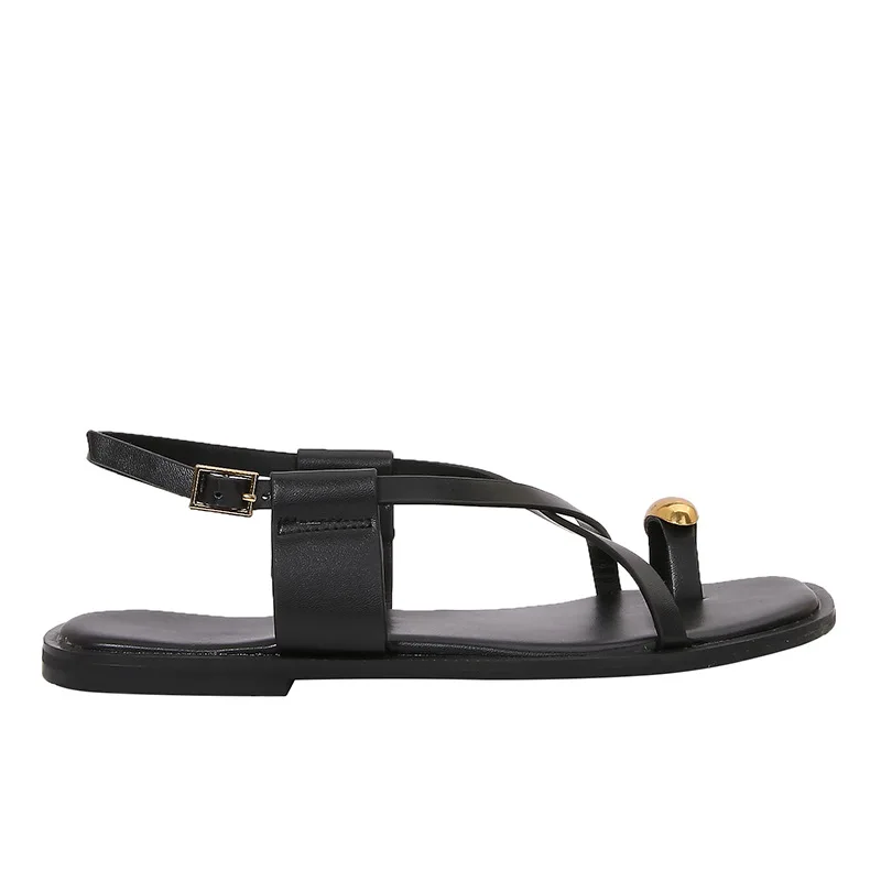 MLZA Spring New Women's Shoes Metal Decorations Fine grained Strip Fashion Flat Sandals Set Toe Square Head Beach Shoes image 5
