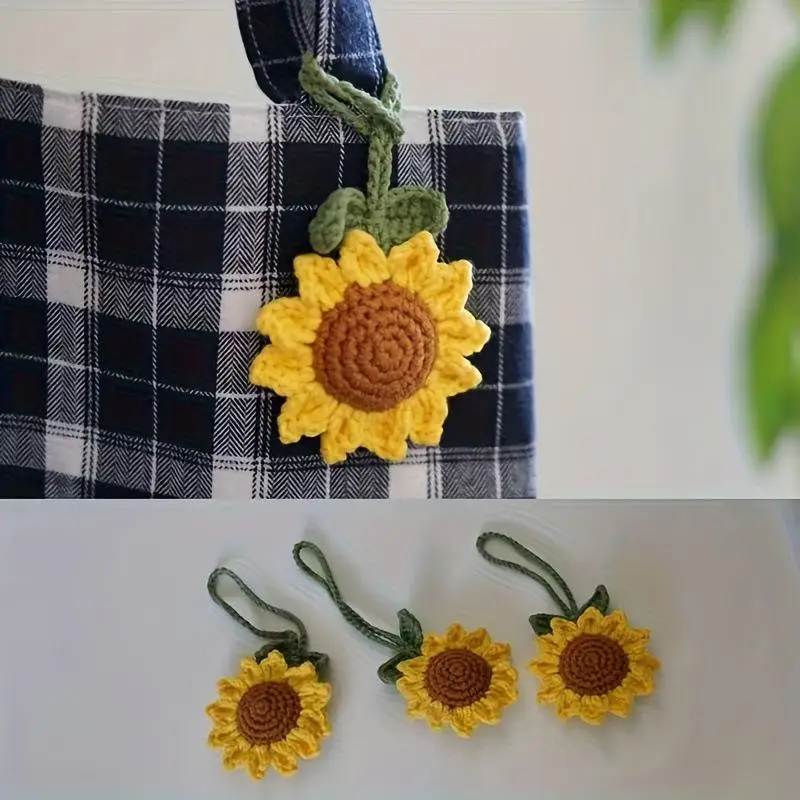 Handgefertigter Häkel-Sonnenblumen-Schlüsselanhänger mit grünem Blattanhänger zur Dekoration von Rucksäcken, für den täglichen Gebrauch, ein Geschenk für Sonnenblumen-Fans – Detail 7