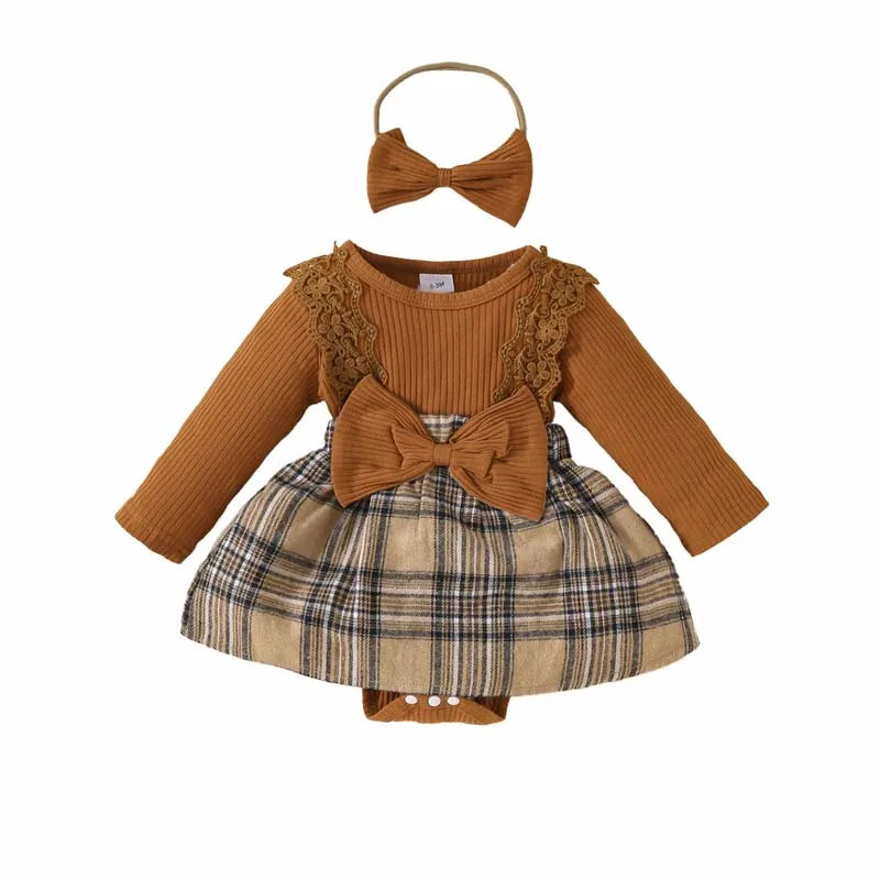 

Newborn Baby Clothes Girls Romper Dress Long Sleeve Bow Lace Plaid Skirt Bodysuits with Hairband Infant Outfits 0-18 Months