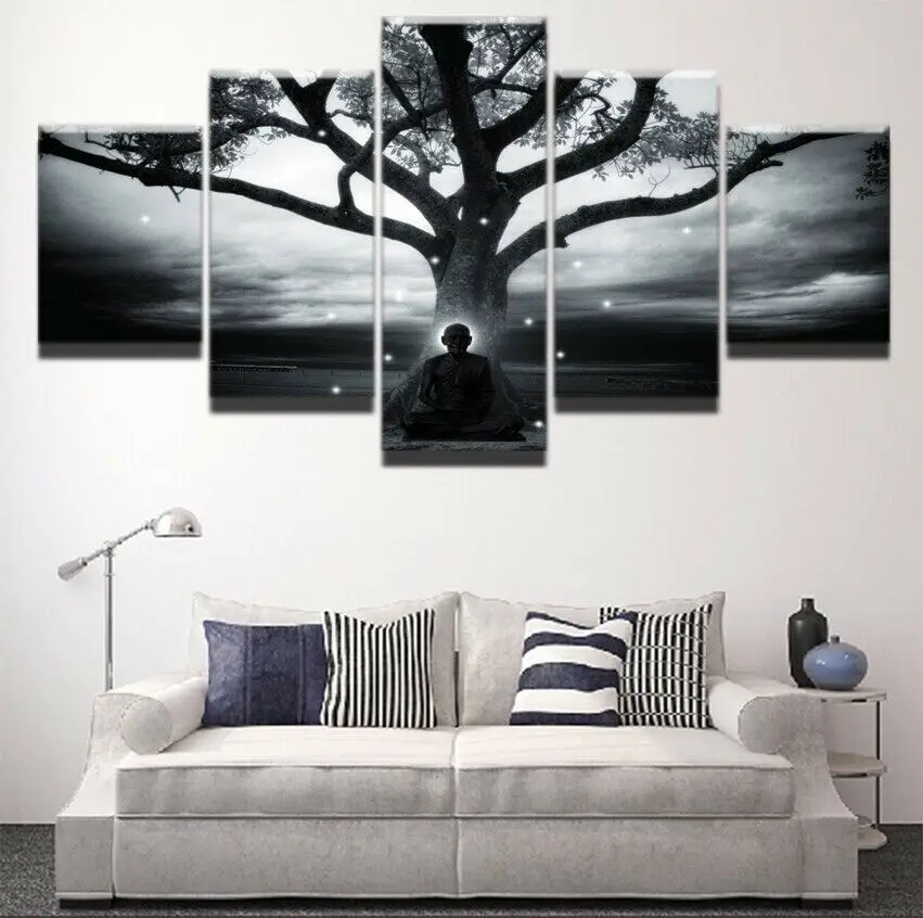 Unframed 5Pcs Psychedelic Meditating Monk Tree Canvas HD Prints Posters Wall Art Picture Paintings for Living Room Home Decor