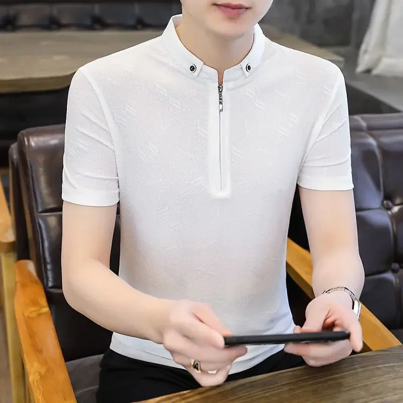 Short Sleeves T-shirt Men Ice Silk T-Shirt High-end  Summer Bottom Shirt Loose Design Tees White Blue Gray Black Casual