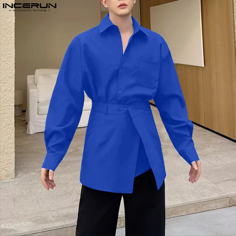 

INCERUN Мужская рубашка, однотонная мужская одежда с лацканами и длинными рукавами, свободная уличная одежда в корейском стиле, 2025 г., модные повседневные мужские рубашки S-5XL