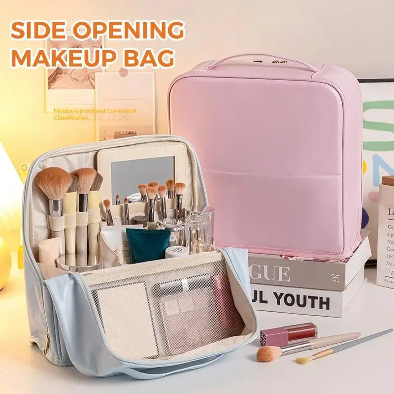 Waterproof Cosmetic Storage Bag Large Capacity Standing Organizer with Built-in Mirror for Travel Skincare Holder