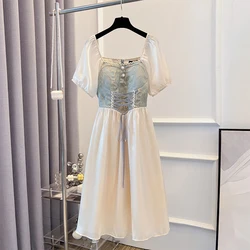 Plus-size Women's Summer Casual Dress Lace up waist Design Pearl trim line neck Party Dress Apricot Polyester fabric Fairy dress