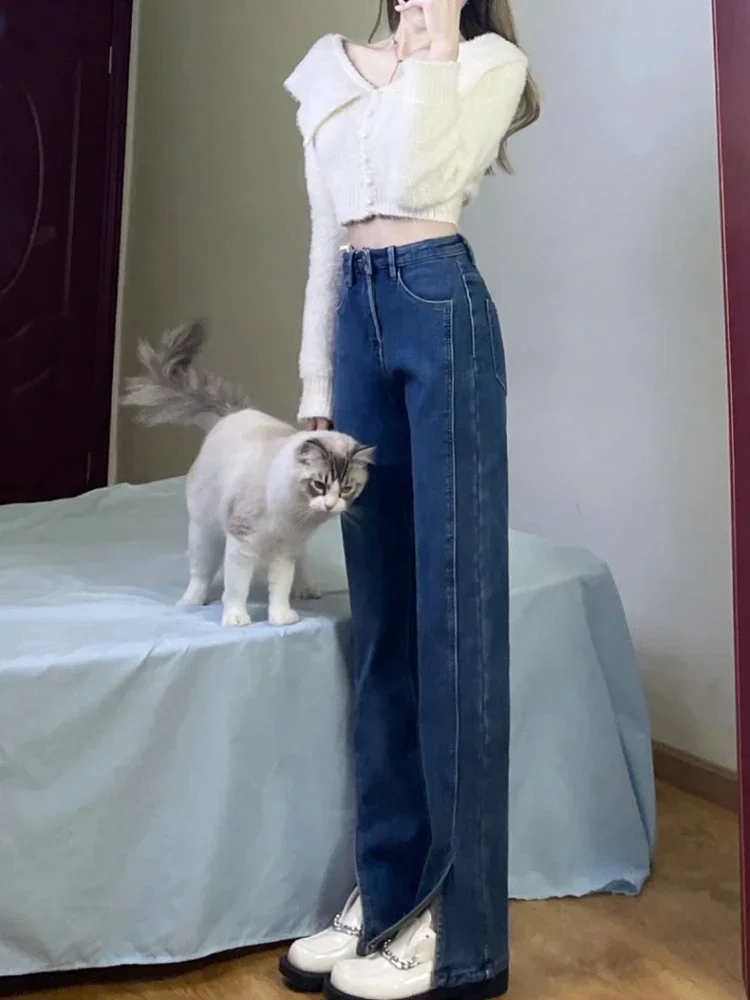 

Джинсы с прямыми разрезами для женщин, осенний дизайн, стираные тонкие модные брюки с высокой талией в американском стиле ретро, повседневные уличные брюки