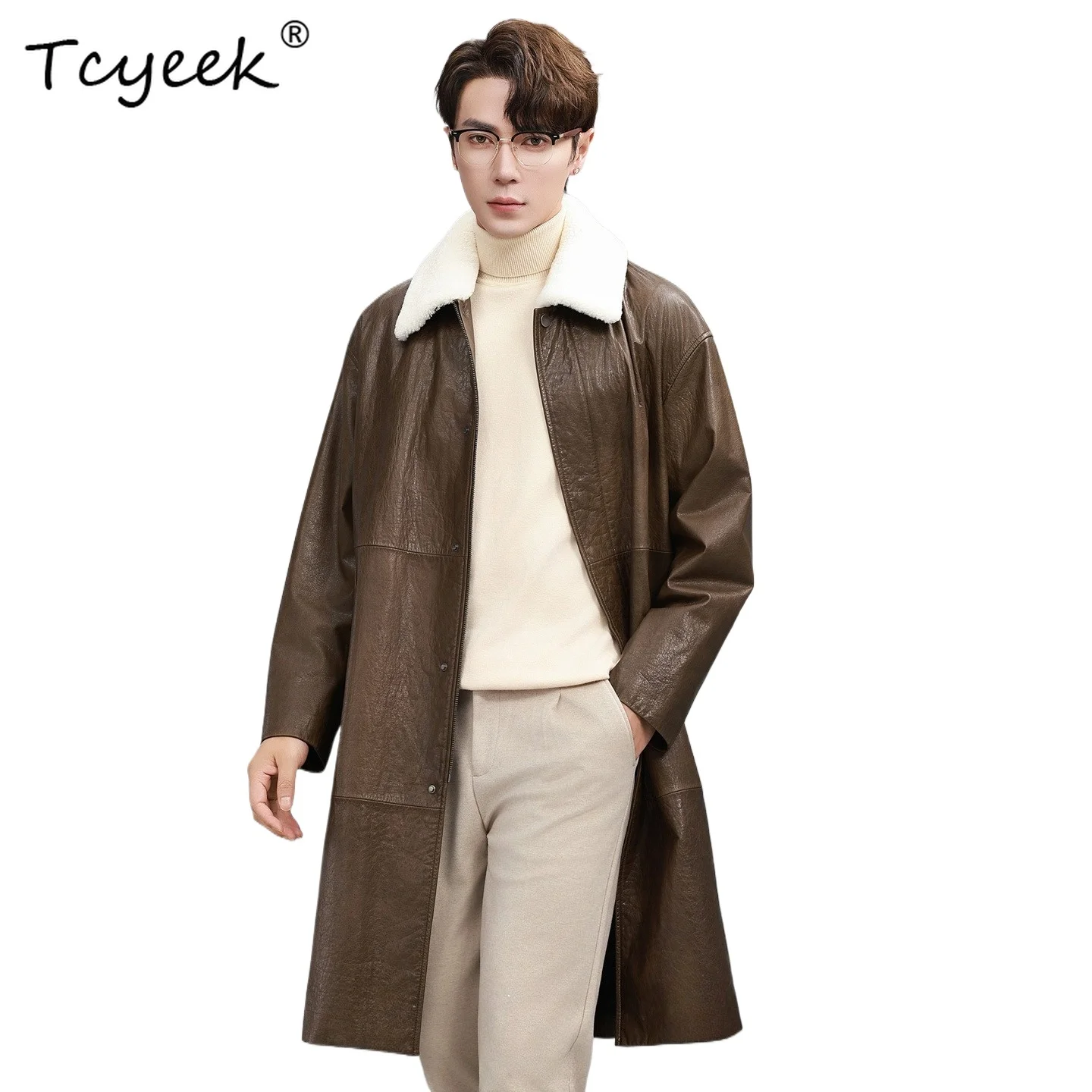 Tcyeek Genuine Leather Jacket Top Layer Cowhide Jackets for Man Detachable Wool Collar and Down Liner Long Windbreaker 2026 가죽점퍼