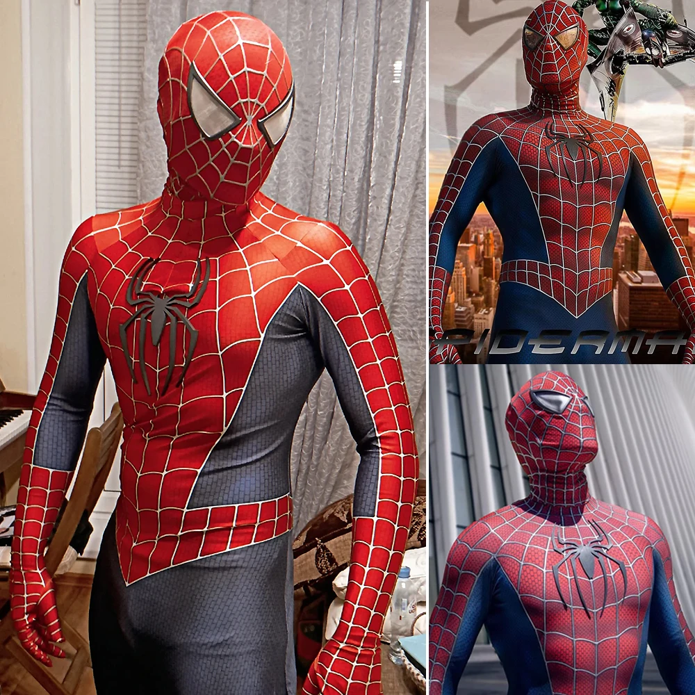 Classic Maguire Raimi SpiderMan Cosplay 3D Logo Bodysuit Superhero Outfit Spiderman Zentai Suit Spandex Halloween Costume Adult