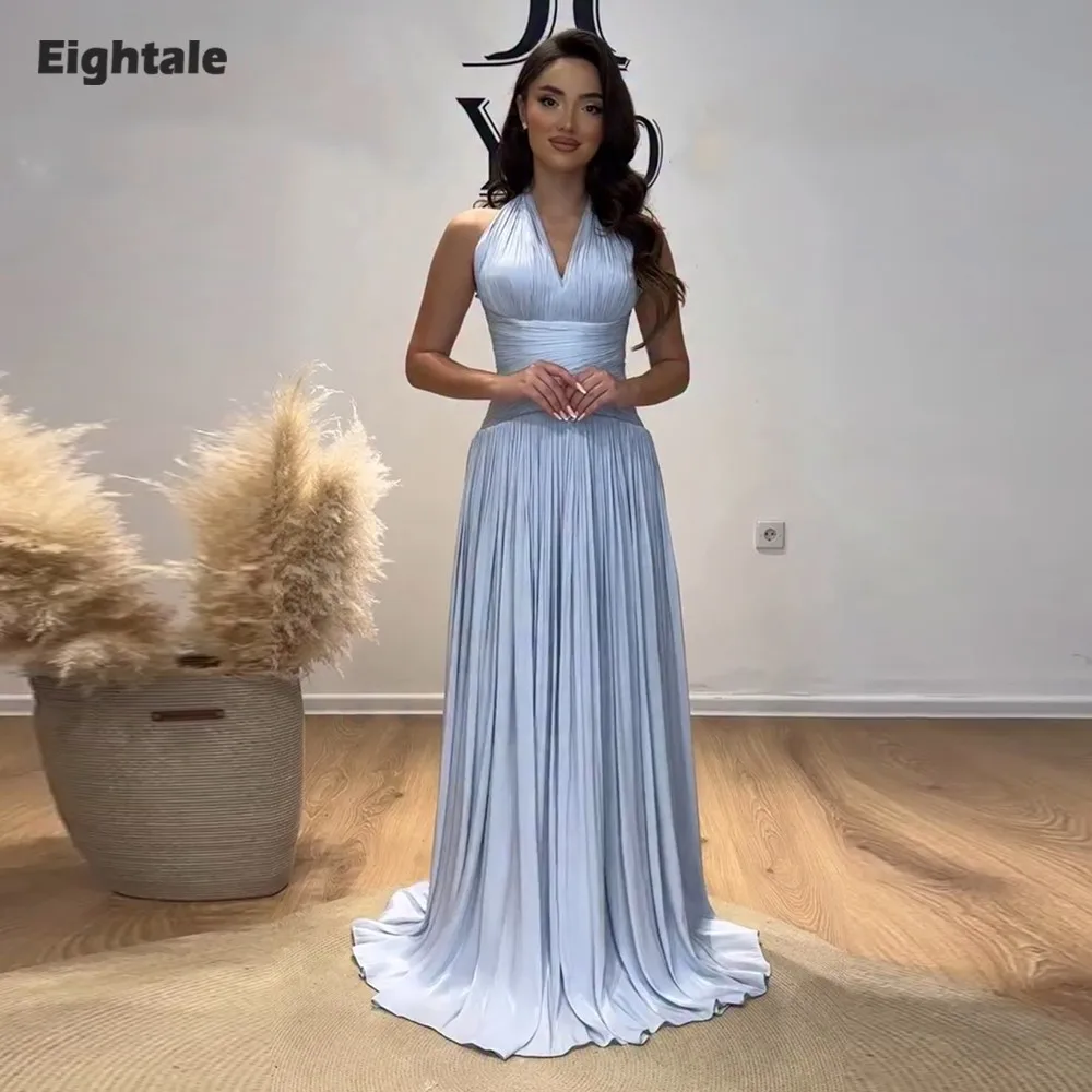 فستان سهرة عربي Eightale على شكل حرف v طيات كريب مخصص لامع على شكل حرف a أزرق مغبر للحفلات الراقصة وحفلات الزفاف