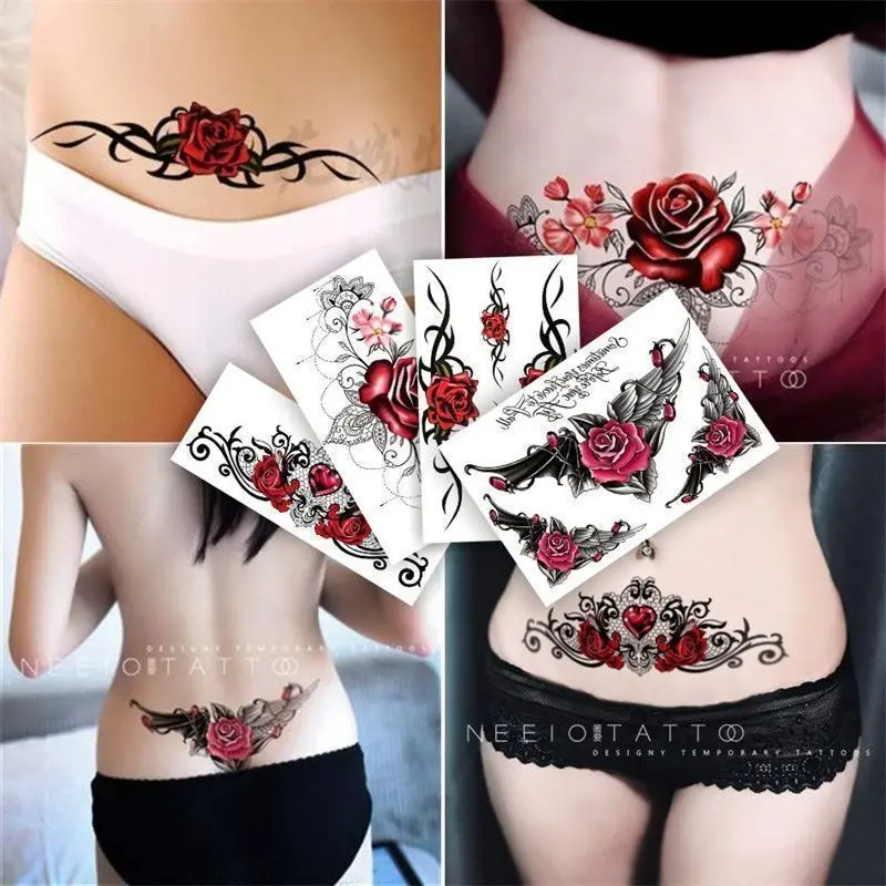 Waist Belly Tattoos Stickers Sexy Roses Lasting Waterproof Belly Masking Stretch Pattern Totem Rose ins Sexy Girls Lasting Bar