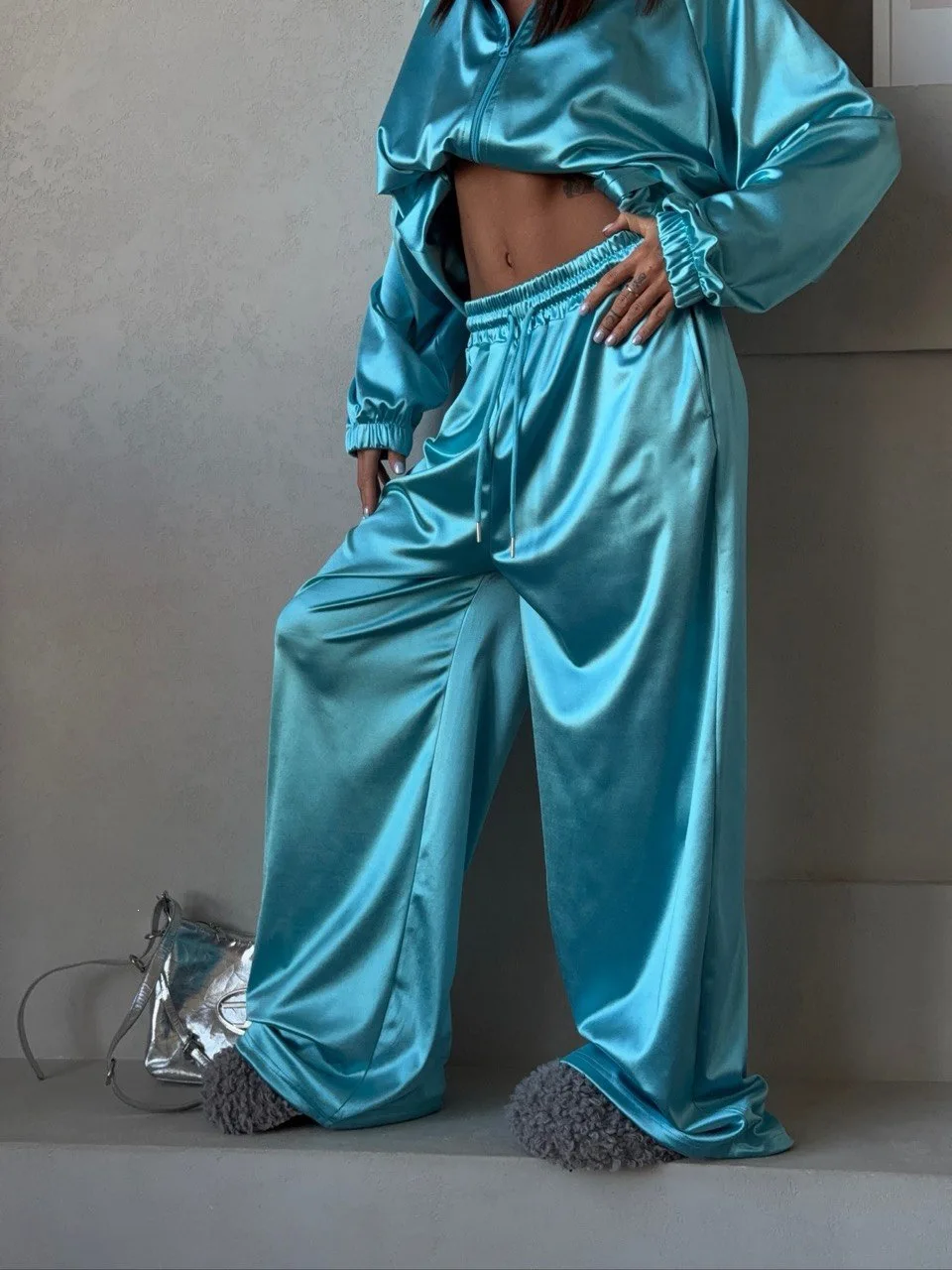 Two Piece Set Women Outfit 2026 Spring New Stand Collar Long Sleeve Loose Zipper Jacket & High Waist Causal Sports Pants Set