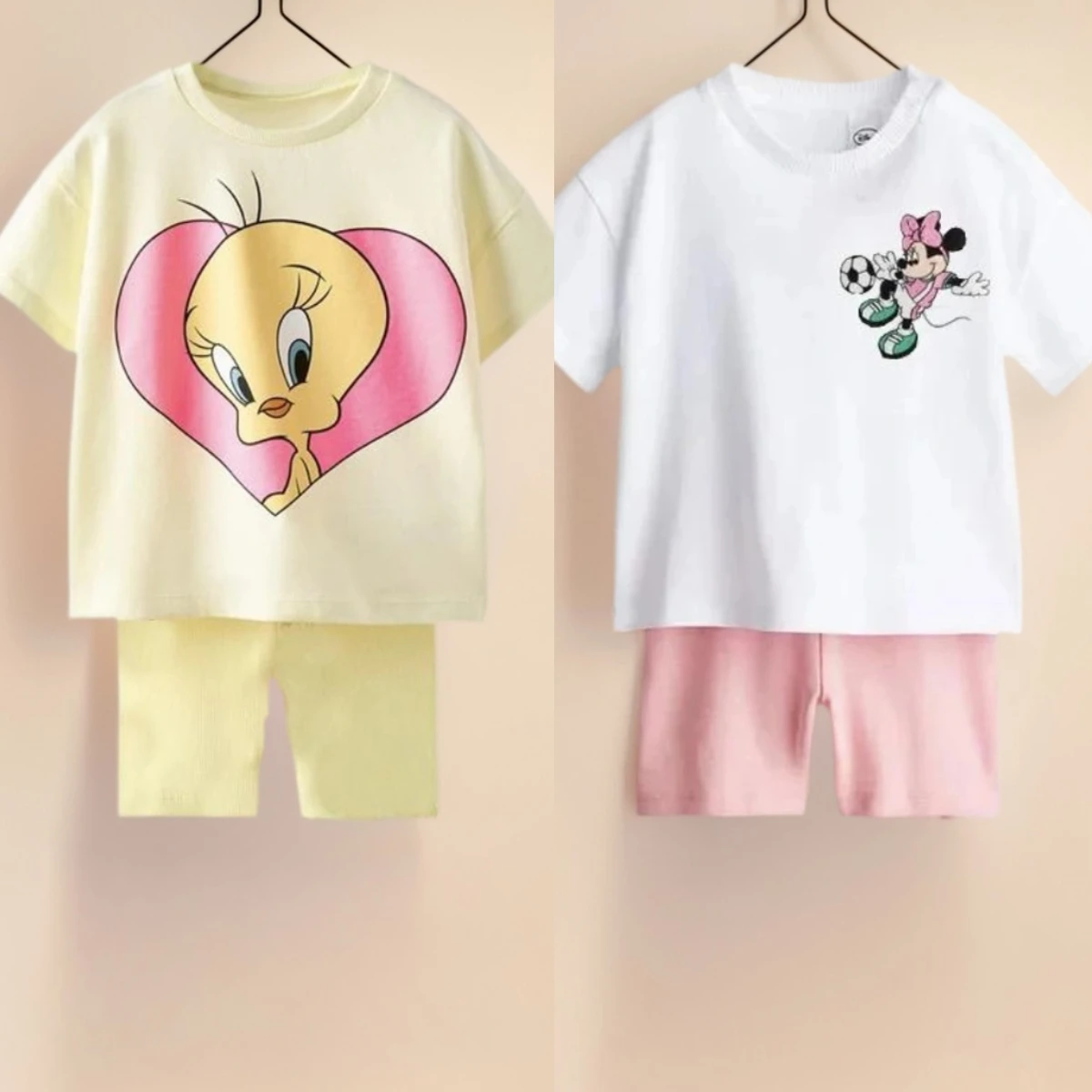 Lovely Toddler Girls' 2 Knit Sets Tweety Bird And Minnie Mouse Printed Tops + Shorts Cartoon Print Children Costume Cotton Suit