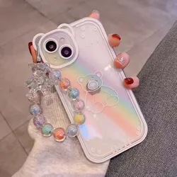 Phone Hand Lanyard Crystal Macaron Beads Bear Wrist Strap for iPhone Huawei Redmi Xiaomi Samsung Camera Keychain Hang String