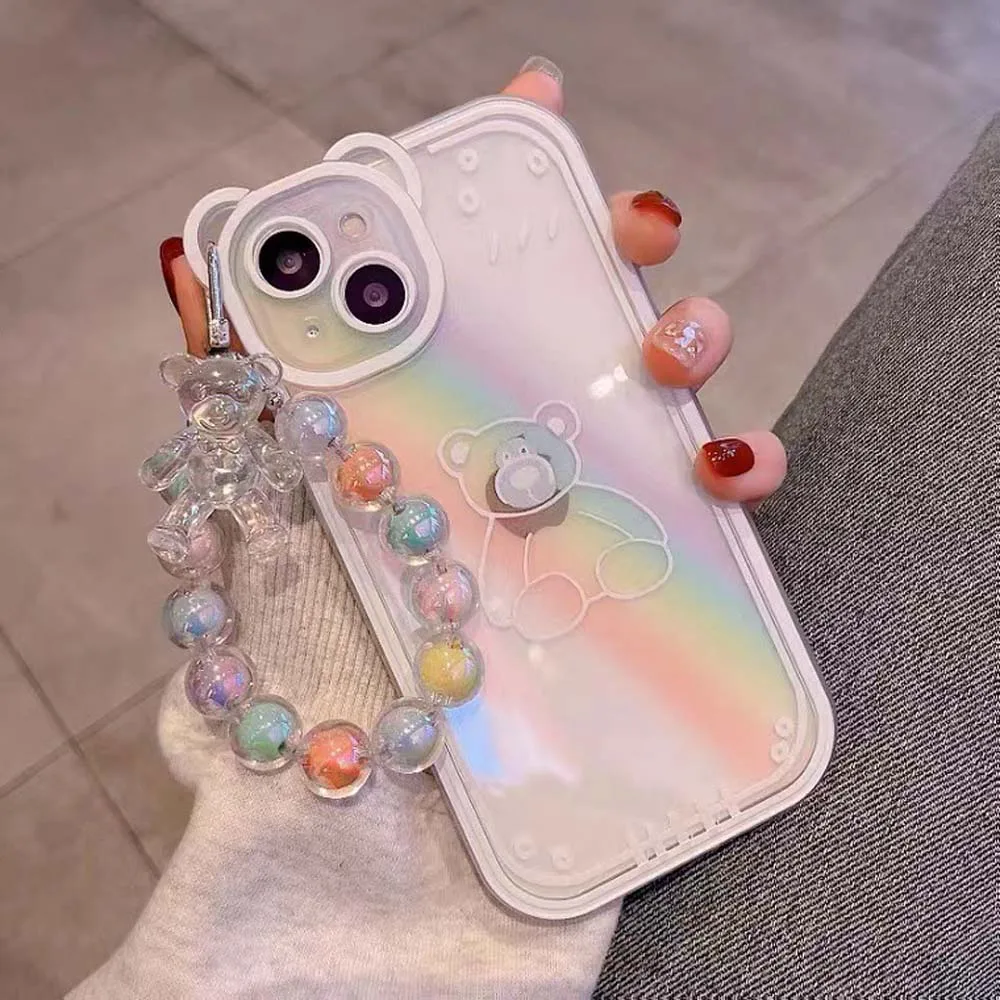 Rhinestone Phone Lanyard Macaron Color Artificial Crystal Bear Beads Hand Wrist Strap for iPhone Huawei Xiaomi Samsung Pendant