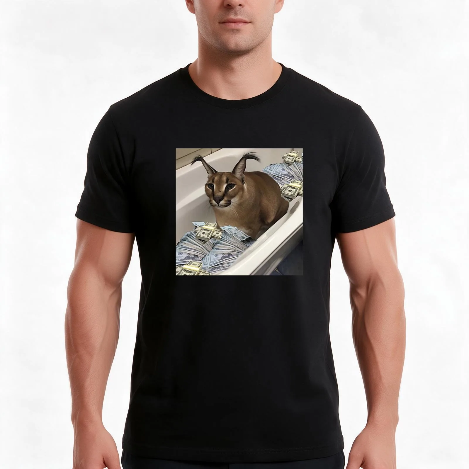 Big Floppa cash T-Shirt, Summer Casual Cotton Tee, Oversized Streetwear Tops, Vintage Graphic Print, Loose Fit Short Sleeve