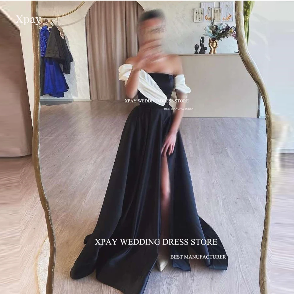 

XPAY Sexy Black A Line Long Evening Dresses Off Shoulder Split Satin Dubai Arabic Women Prom Gowns Formal Party Occasion Dress