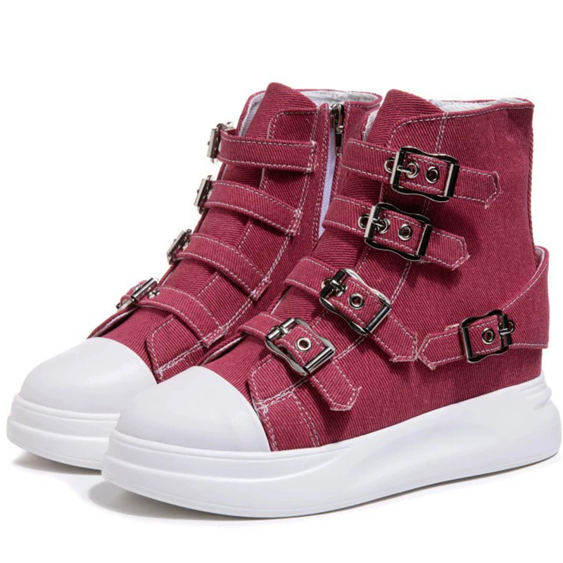Spring new round toe thick sole short tube high-top canvas boots casual buckle inner height increase large size flat women shoes