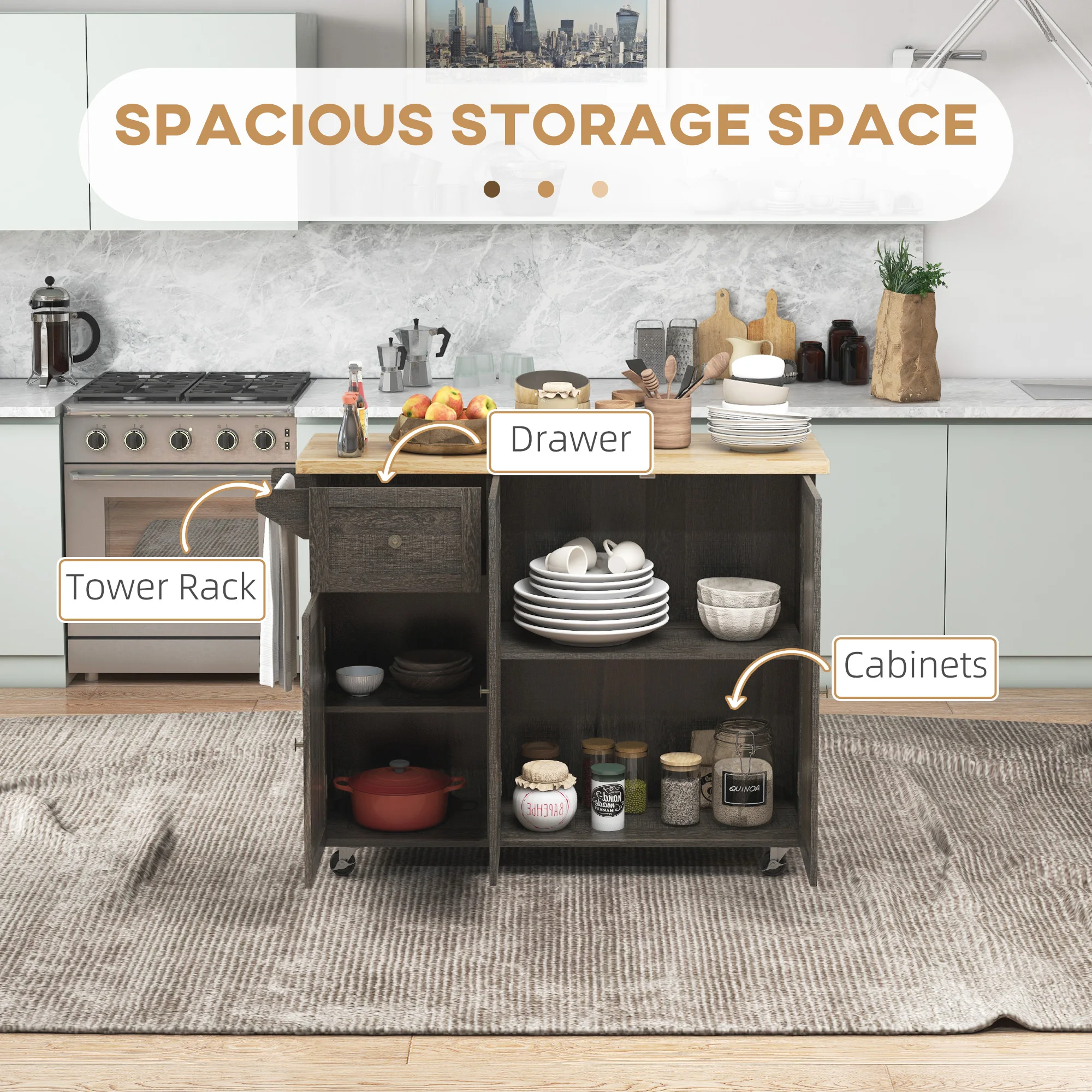 Kitchen Island on Wheels, Utility Serving Cart with Drawer Cabinets image 3