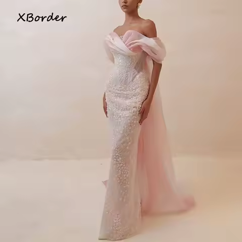 Customized Evening Dress Champagne Sequin V-Neck Mermaid Gown Gold Beaded Formal Prom Off The Shoulder Gala Dress With Shawl