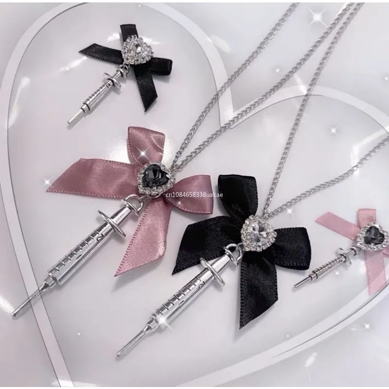 2024 New Love Heart Bowknot Metal Syringe Pendant Necklace for Women Dark Cool Trend Jewelry Gothic Fashion Accessories Y2k