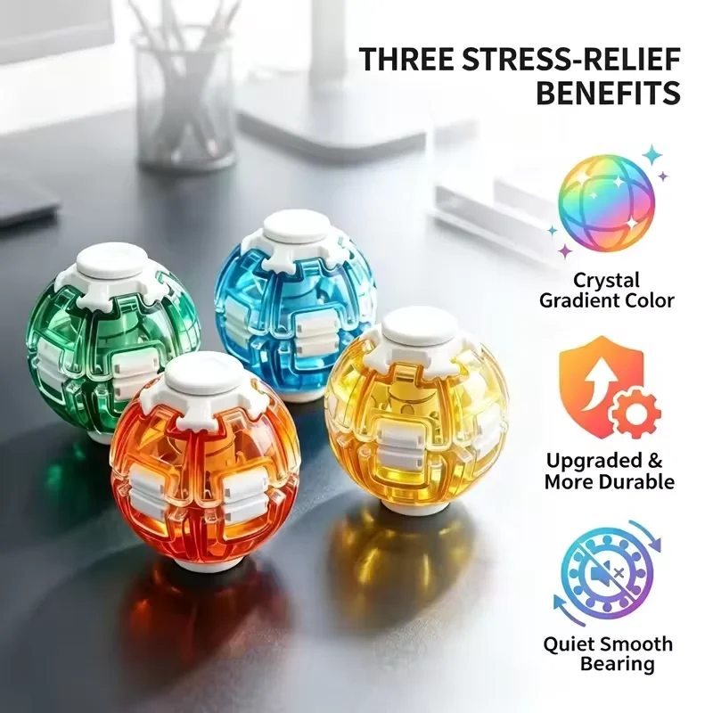 Press‑to‑Rotate Fidget Ball Crystal Color Stress Relief Toy 3D Gear Rotating Gyro Toy Fidget Toy for Adults Anxiety Relief Gifts