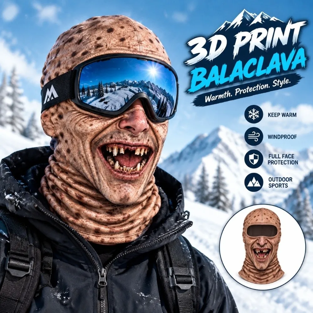 Unisex Size Funny Prank Mask Funny 3D Print Motorcycle Ski Face Mask Windproof Breathable Neck Hood Helmet Liner Winter Riding