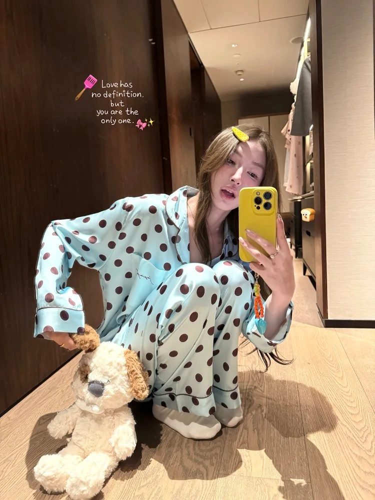 Retro Simple Korean Ice Silk V-neck Pajama Set Polka Dot Lapel Long-sleeved Trousers Two-piece Set Loose Casual Women Loungewear