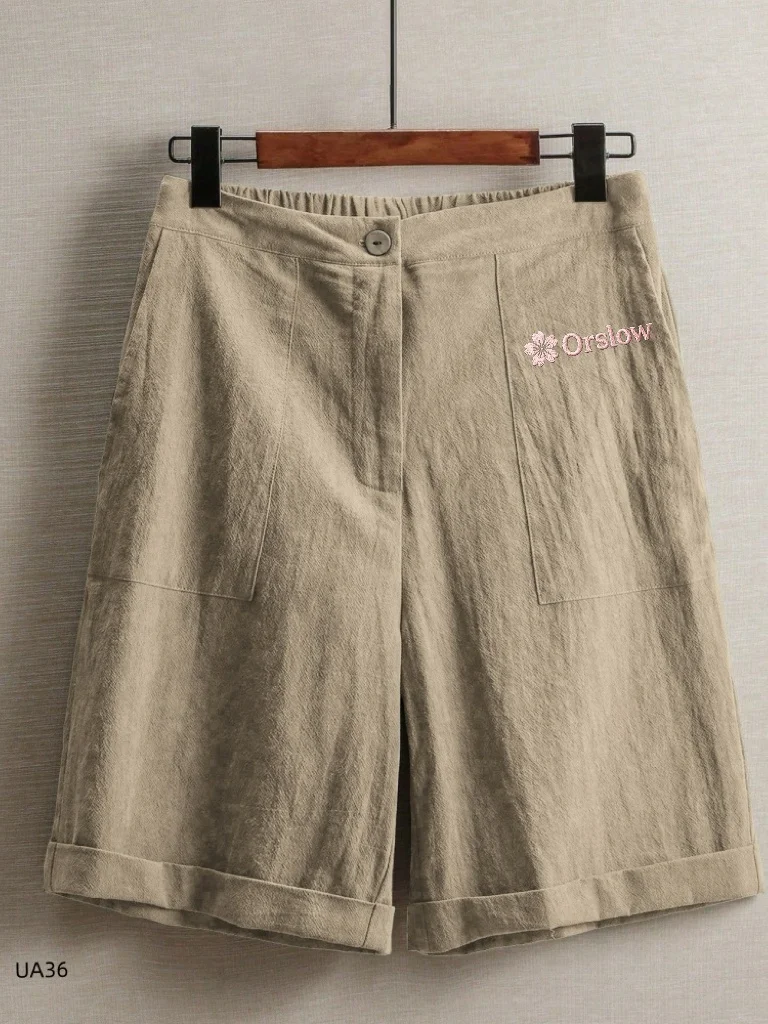 Women's Summer Printed Linen Blend Wide Leg Bermuda Shorts High Waist Casual Knee Length Summer Pocket Trousers