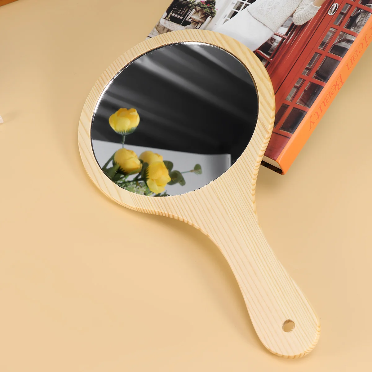 

1pc Wooden Handle Makeup Handheld Mirror For Women Girls Large Clear Glass Wall Mountable Wood Frame Mirror