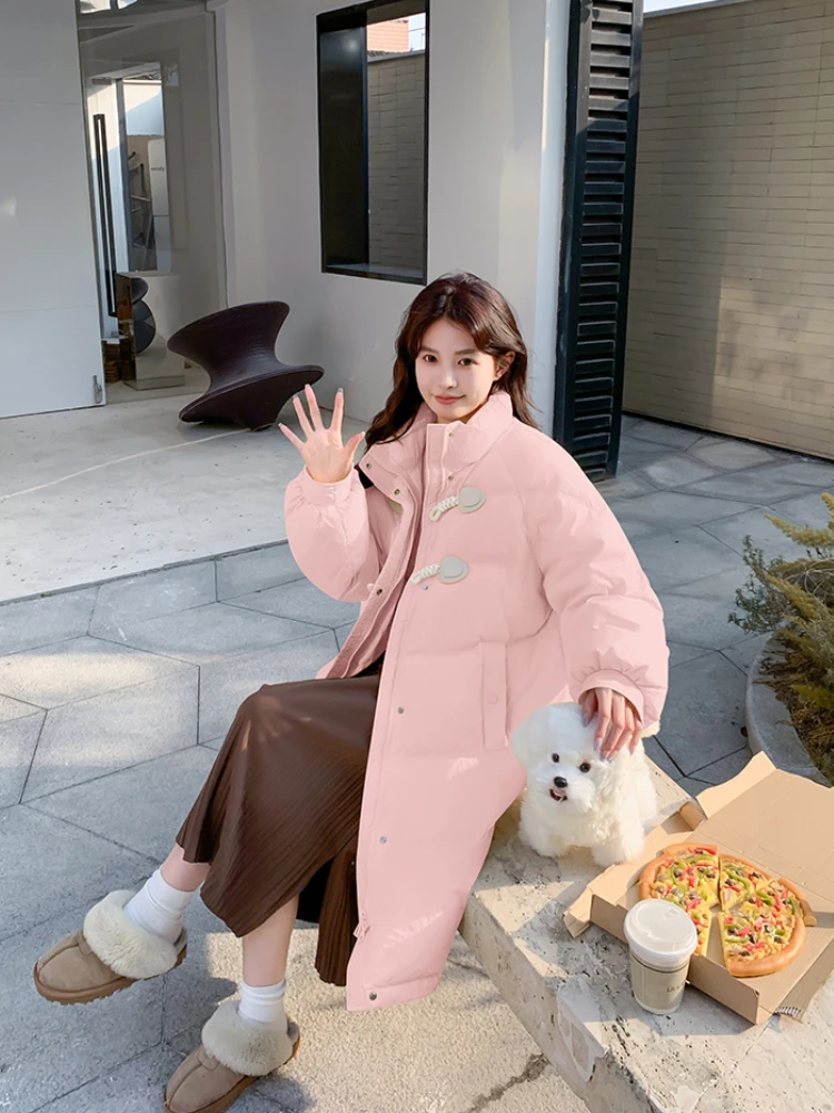 Long Style Parkas Women Solid Simple All-match Stand Collar Horn Buckle Warm Baggy Sweet Girls College Korean Style Winter Chic